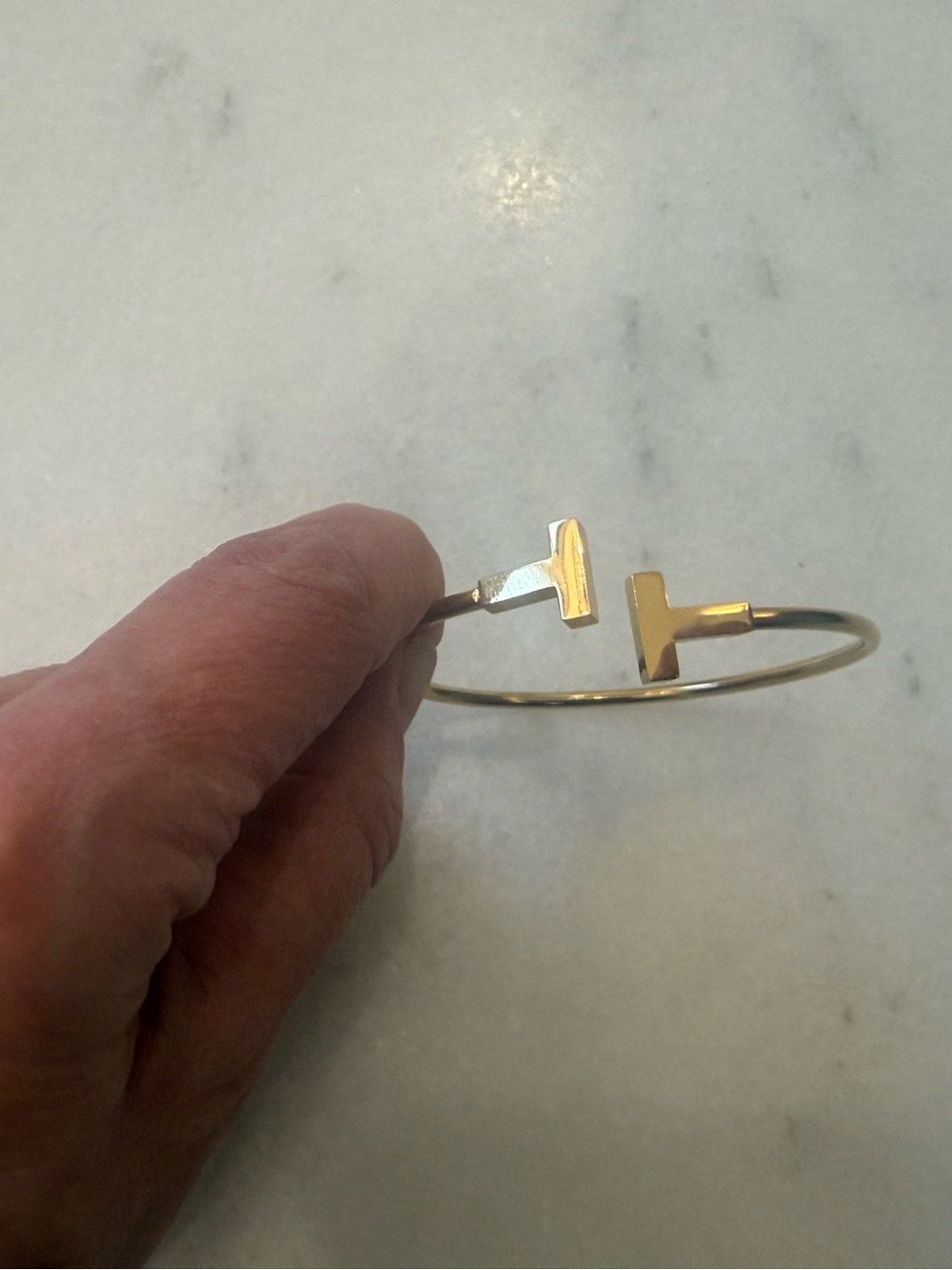 Gold Tone Open Cuff Bracelet with T Bar Ends Tiffany Inspired - Picture 3 of 3